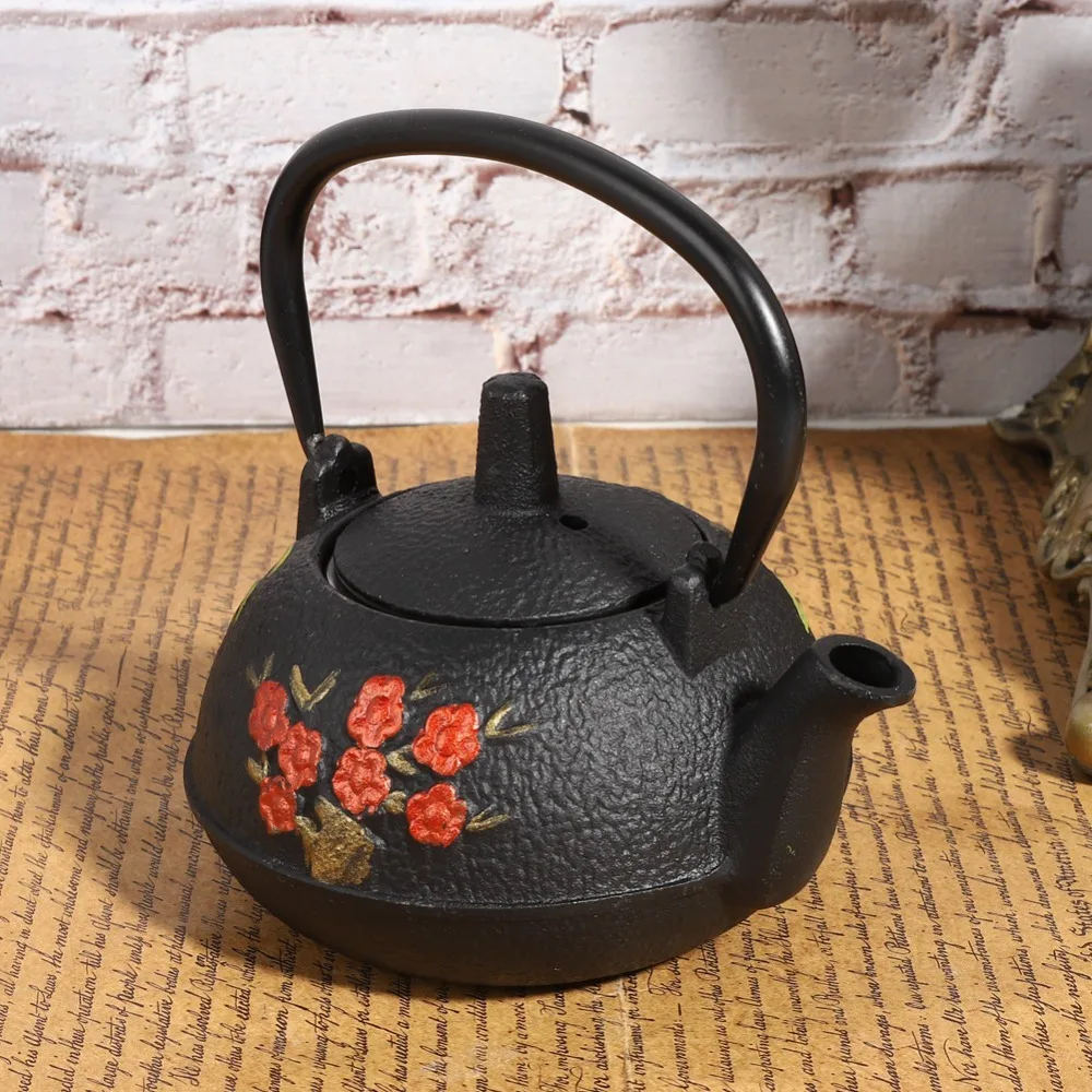 Black Cast Iron Tea Kettle Straight Hook Spout 0.3L Cast Iron Teapot Plum Blossom Tetsubin Tea Kettle Japanese Zen Style
