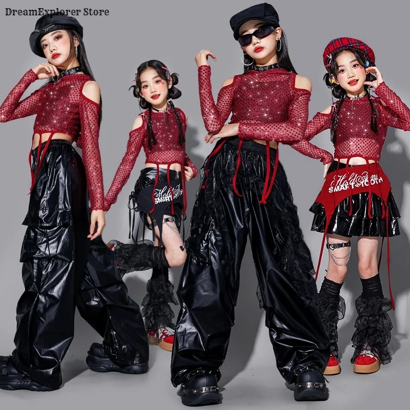 Girls K-pop Sequin Shiny Crop Hoodies Cargo Pants Child Street Dance Skirts Kids Hip Hop Streetwear Jazz Girl Group Clothes Sets