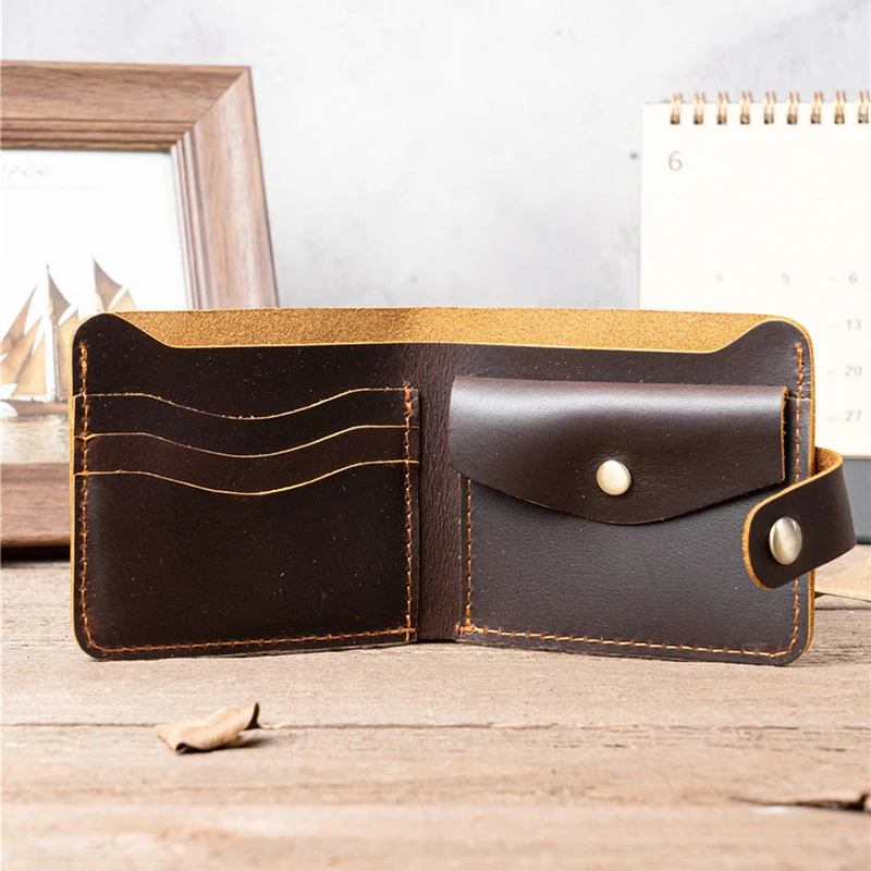 Minimalist Men's Short Wallet Genuine Leather Button Design Thin Card Holder Top Layer Cowhide Casual Youth Purse