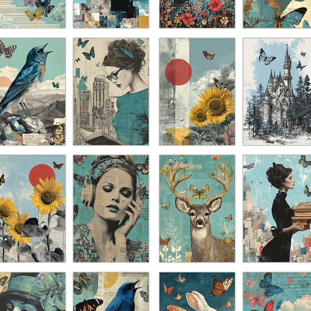 32pcs Surreal Collage Art Postcards,  Fantasy, Indoor Bedroom Decor,Wall Stickers, Message Cards, Greeting Cards, Memorial Cards