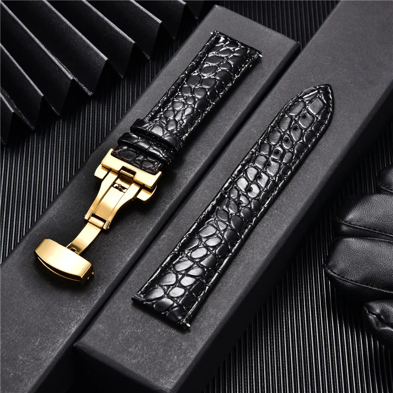 Crocodile Pattern Design Leather Watch Strap 22mm 20mm 18mm 24mm Butterfly Buckle Stainless Steel Clasp Watch Band Bracelets