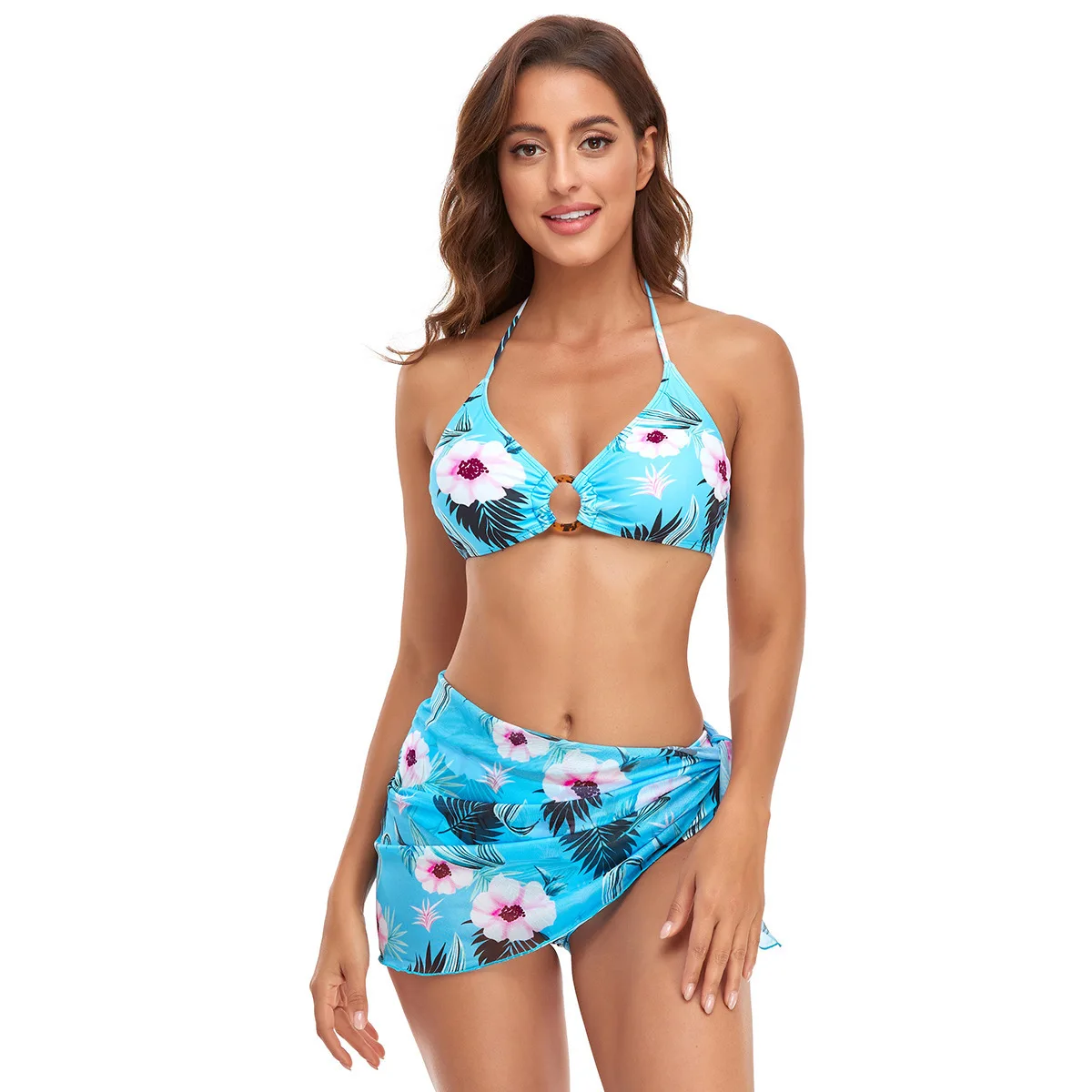 Leaf Print 3 Pieces Bikinis Set with Cover Up Skirt Women's Swimsuit Traingle Halter Bathing Suit Push Up Swimwear 2024 Women