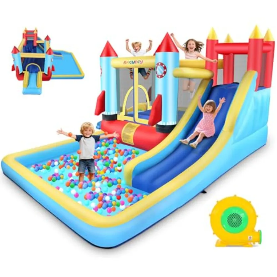 

Надувной батут-замок «Ракета» для детей 8-12 лет с горкой, скалодромом, зоной для прыжков и бассейном, сине-белый, для использования в помещении