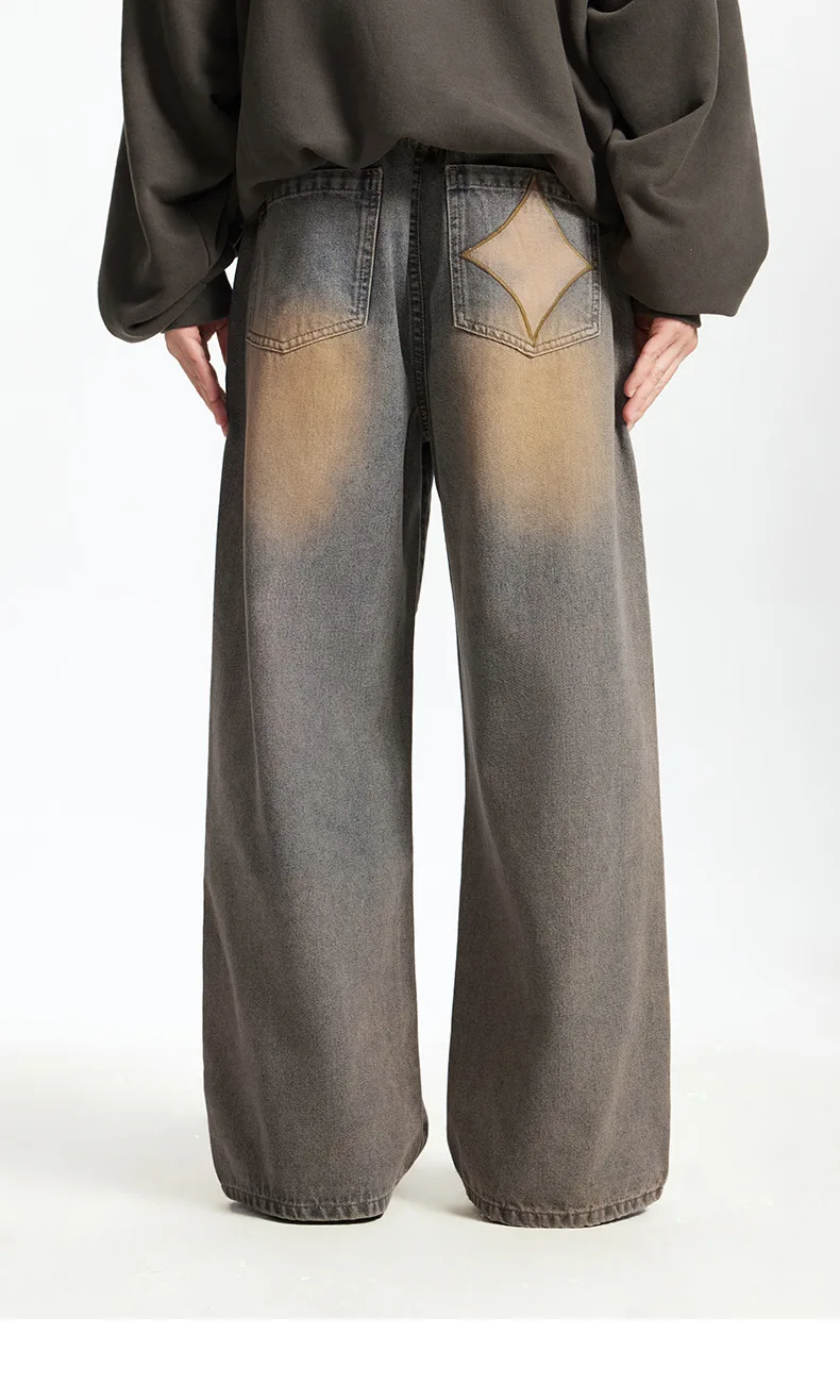 2025 Men's Star Embroidery Ripped Jeans - Distressed Washed Wide Leg High Street Loose Straight Pants, Hiphop Streetwear Fashion