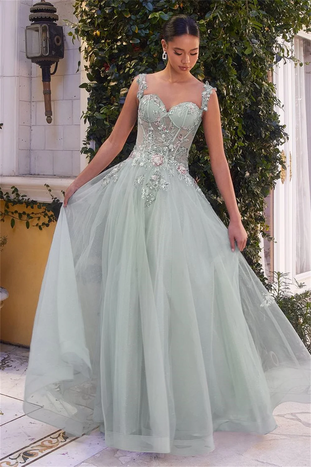 Sansa Lace Appliques فساتين السهرة Spaghetti Strap Tulle A-line Vestidos De Noche Elegant Sleeveless Floor-Length Prom Dresses