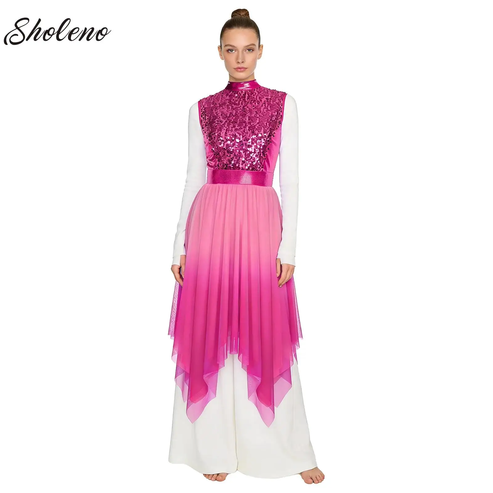 

Женское танцевальное платье для литургического хвалы с длинным рукавом, блестящее металлическое платье для поклонения, церковный хор, сценическое выступление, танцевальная одежда для вальса