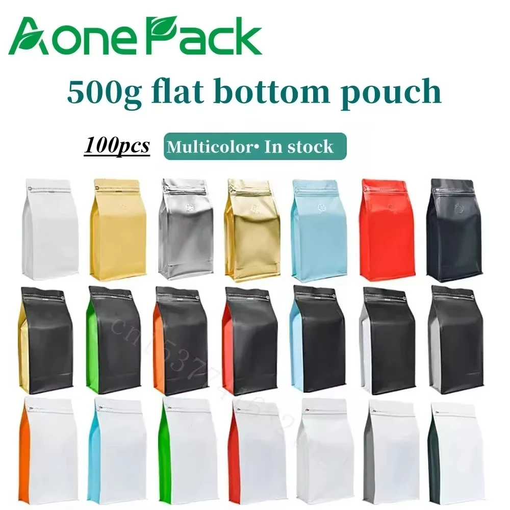 

100PCS Aluminum Foil 16OZ 500g Coffee Bean Powder Packaging Bag with Valve Flat Bottom Tea Chocolate Powder Storage Pouches