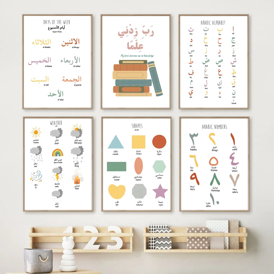 Colorful Arabic Alphabet Learning Educational Nursery Wall Art Print Canvas Painting Posters Wall Pictures Kids Classroom Dec