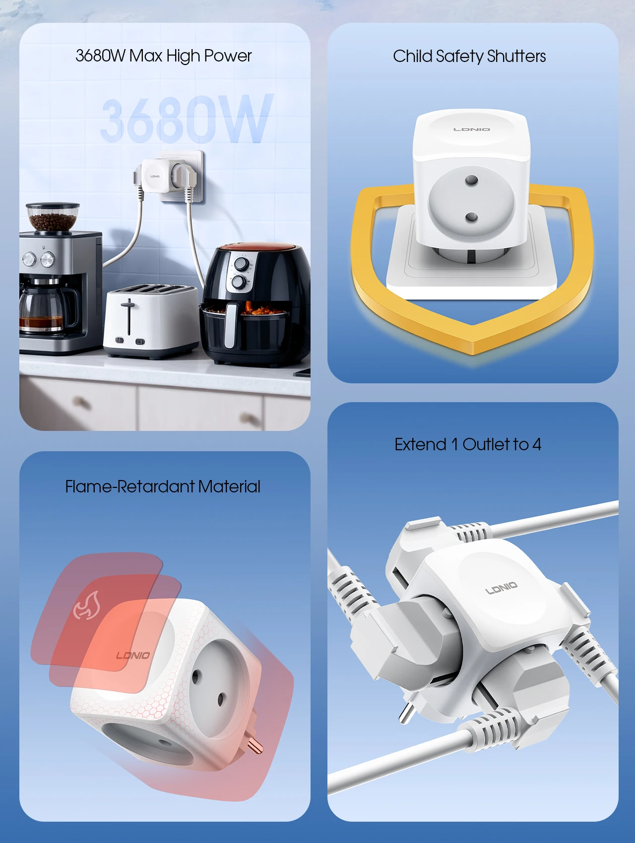 LDNIO Compact 4-Way EU Outlet Expander Wall Tap Power Adapter High Wattage Safety Flame Retardant Material for Daily Home Use
