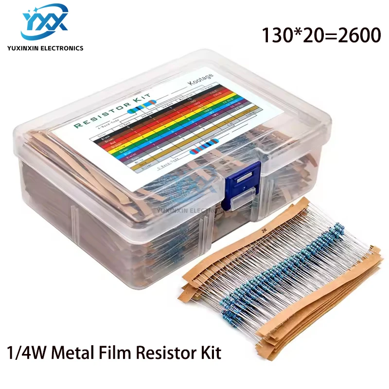 2600PCS 1/4W Metal Film Resistor Kit 130 Values Assortment Box 0.25W ±1% Through Hole Resistors for DIY Projects