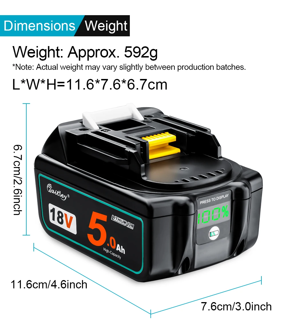 Waitley BL1850 18 V 5,0 Ah Ersatzakku für Makita Elektrowerkzeug 5000 mAh BL1840 BL1860 Akku mit LED-Leistungsanzeige 18 V 5 A – Detail 10