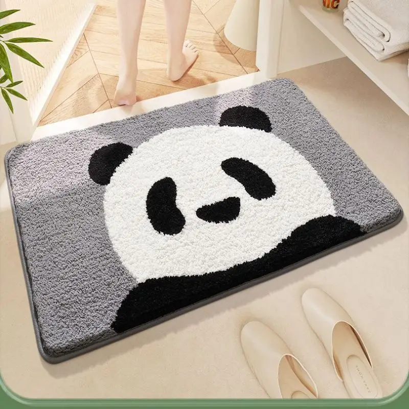 VIKAMA Kawaii Panda Floor Rug Neutral Gray Tone Quick Dry Fluffy Non Slip Mat Bathroom Kids Bedroom Decor Carpet