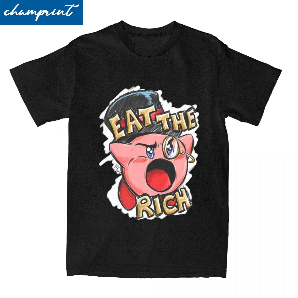 Novelty Kirbys Eat The Rich Tshirts Men's Round Neck Short Sleeve Top Tee Nostalgia Childhood ACT Game Cotton Summer Top Tee