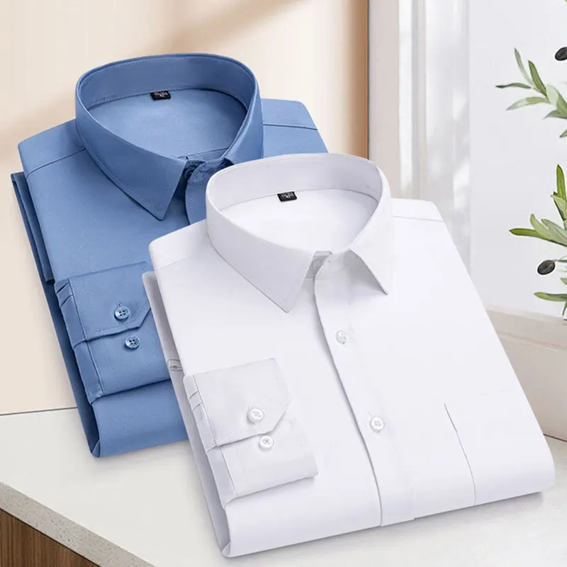 New Stretch Anti-Wrinkle Men\'s Shirts Long Sleeves Dress Shirts For Men Slim Fit Camisa Social Business Blouse White Shirt S-7XL