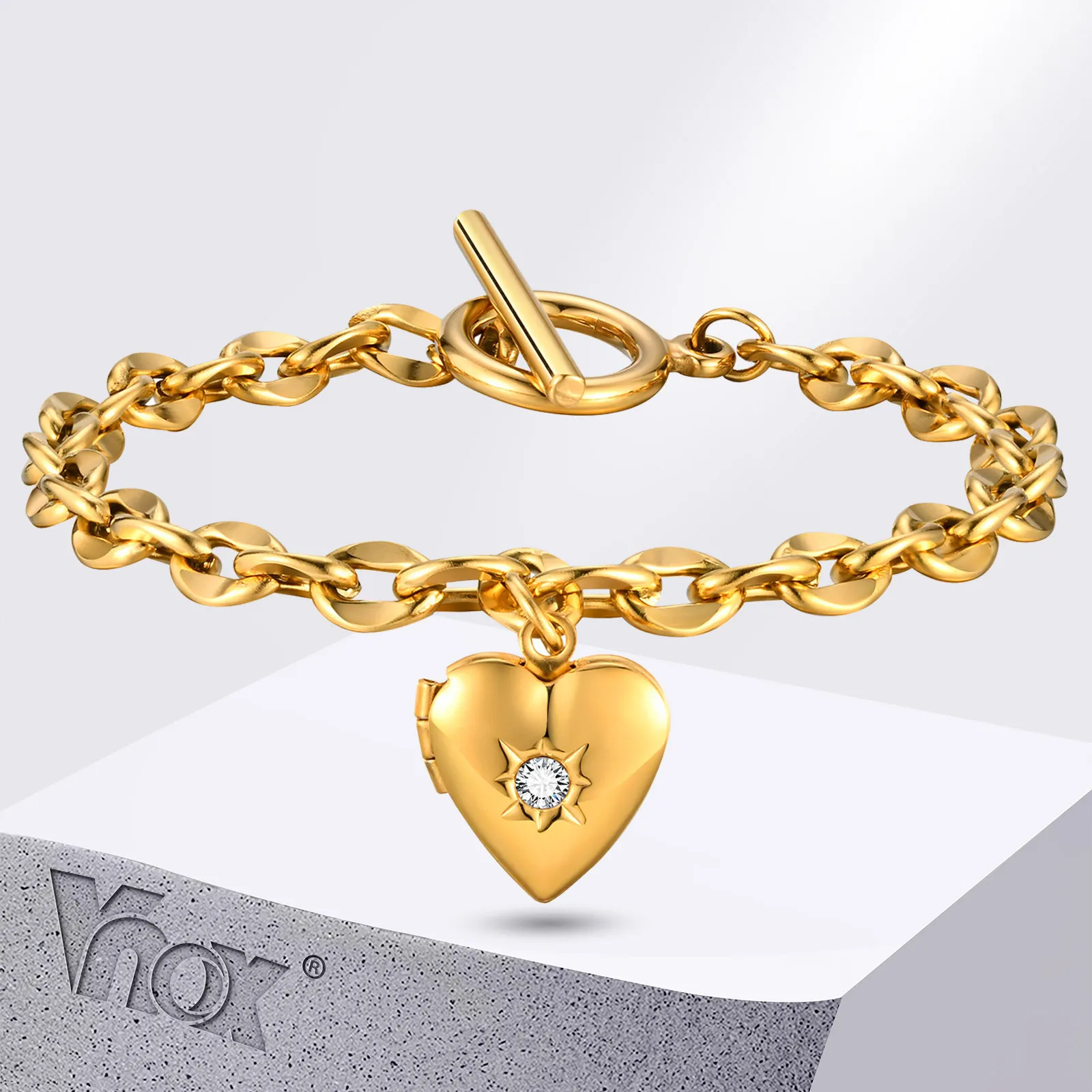 Vnox coração pulseiras de aço inoxidável banhado a ouro para mulheres zircão branco pode abrir corrente charme pulseira jóias amigos melhores presentes