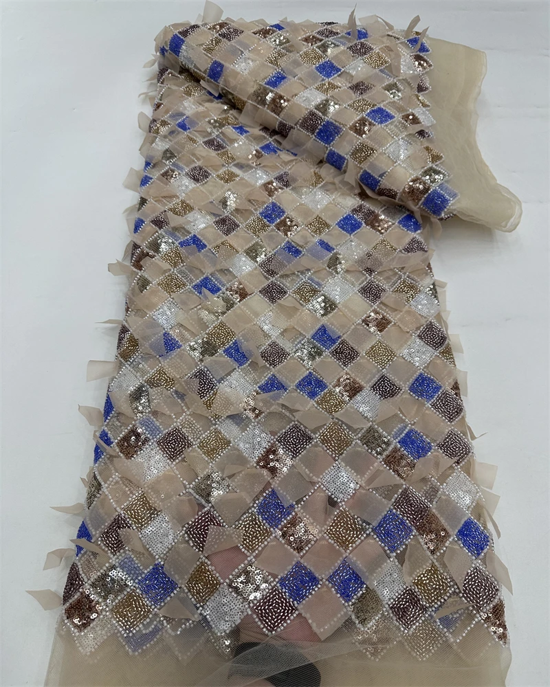 

Luxury African Beads Lace Fabric 5 Yards Handmade Sequins High Quality for Evening Party Dresses Nigeria