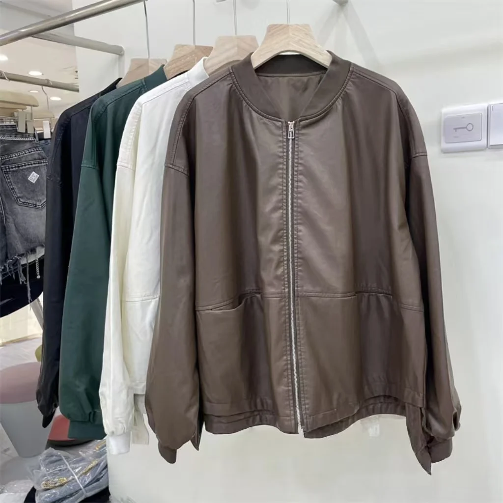 سترة نسائية أنيقة من الجلد الصناعي الناعم بتصميم كوري، بسحاب وأكمام طويلة وياقة عالية، ملابس خارجية بأسلوب بسيط وأنيق