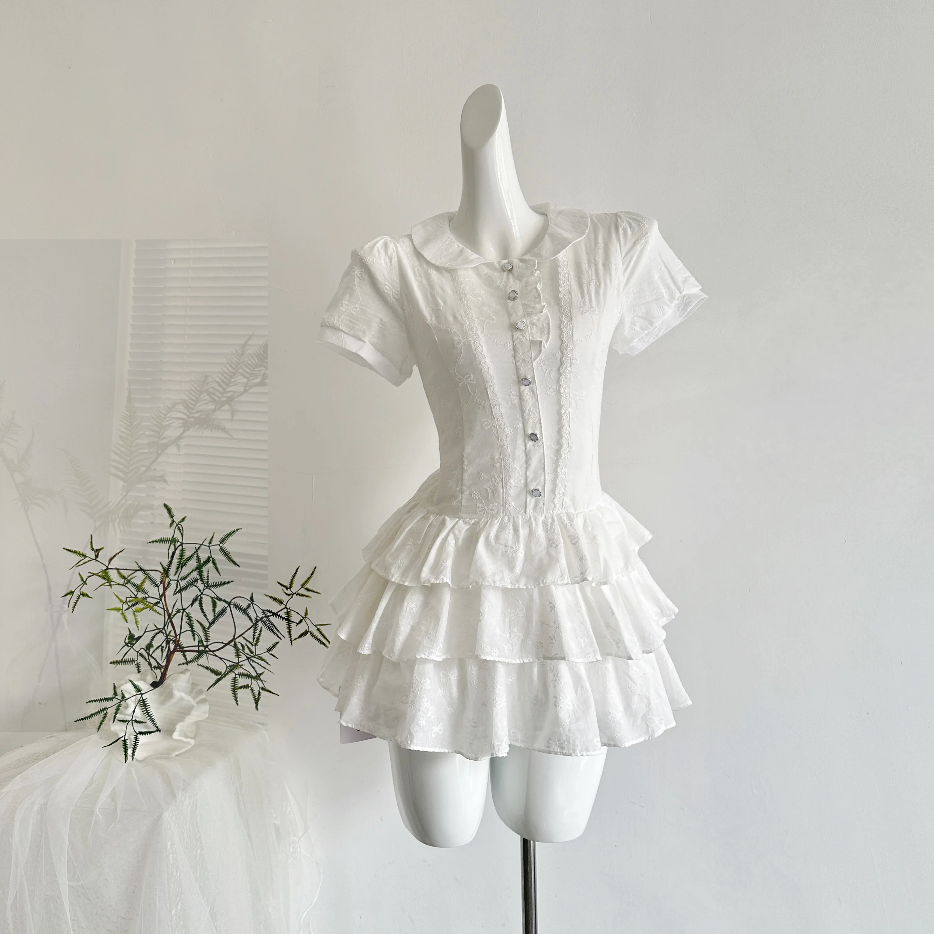 

Preppy Style Puff Sleeve High Waist Women Shirt Dresses Tiered Ruffle Peter Pan Collar Dress Hot Girl Daily Party Chic Clothes