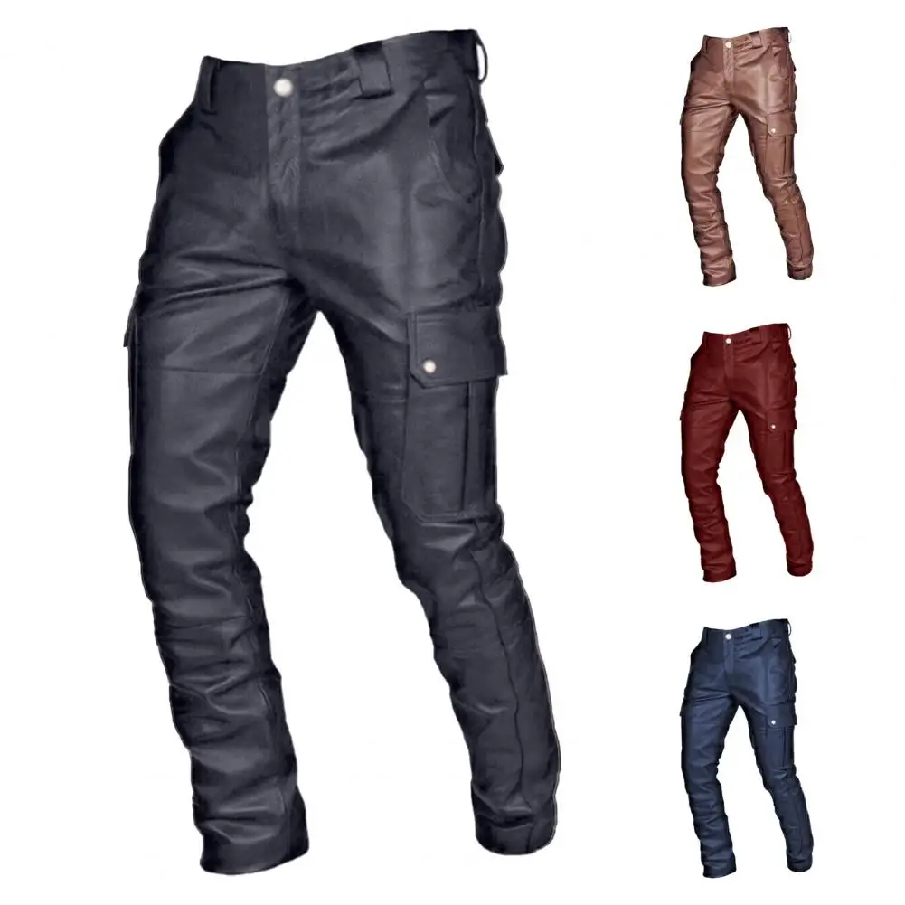 Pantaloni da uomo in ecopelle tasche Slim superficie liscia bottoni con cerniera tinta unita Street Style Party Nightclub Performance Pants