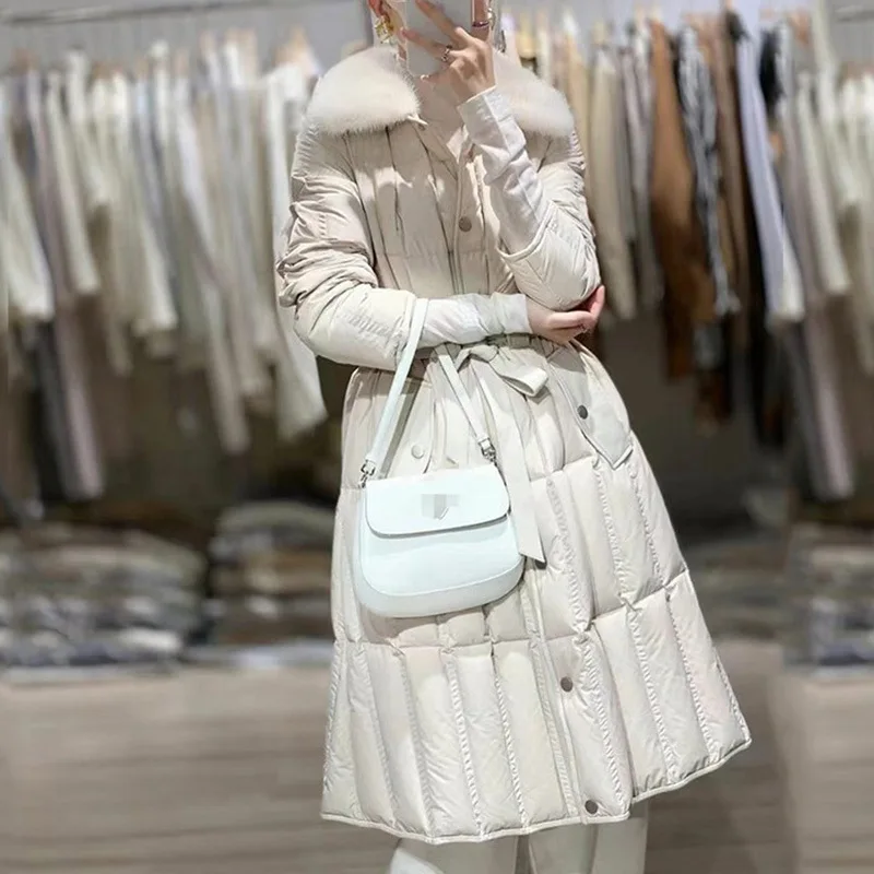معطف طويل بياقة من فراء أرنب قضاعة، خصر نحيف سميك 2025 سترة دافئة راقية معاطف شتوية نسائية جديدة من Pinghu