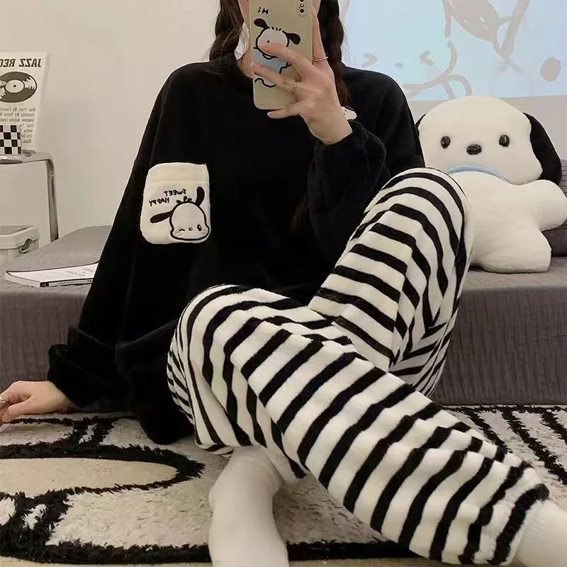Kawaii 2 قطعة مجموعة بيجامة المرأة طالب الفتيات موضة الجولة الرقبة طباعة البلوز السراويل السببية فضفاض الكرتون منامة أنيمي Homewear
