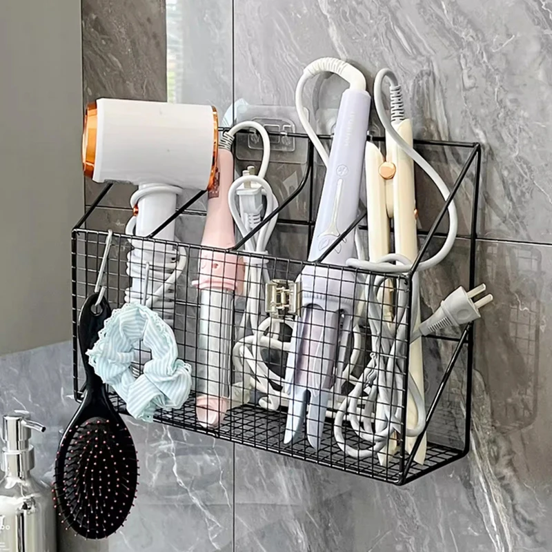 Wall Mounted Hair Dryer Holder Curling Iron Holder Hair Styling Tools Organizer With Shelf Hooks Multi-Functional Storage Rack