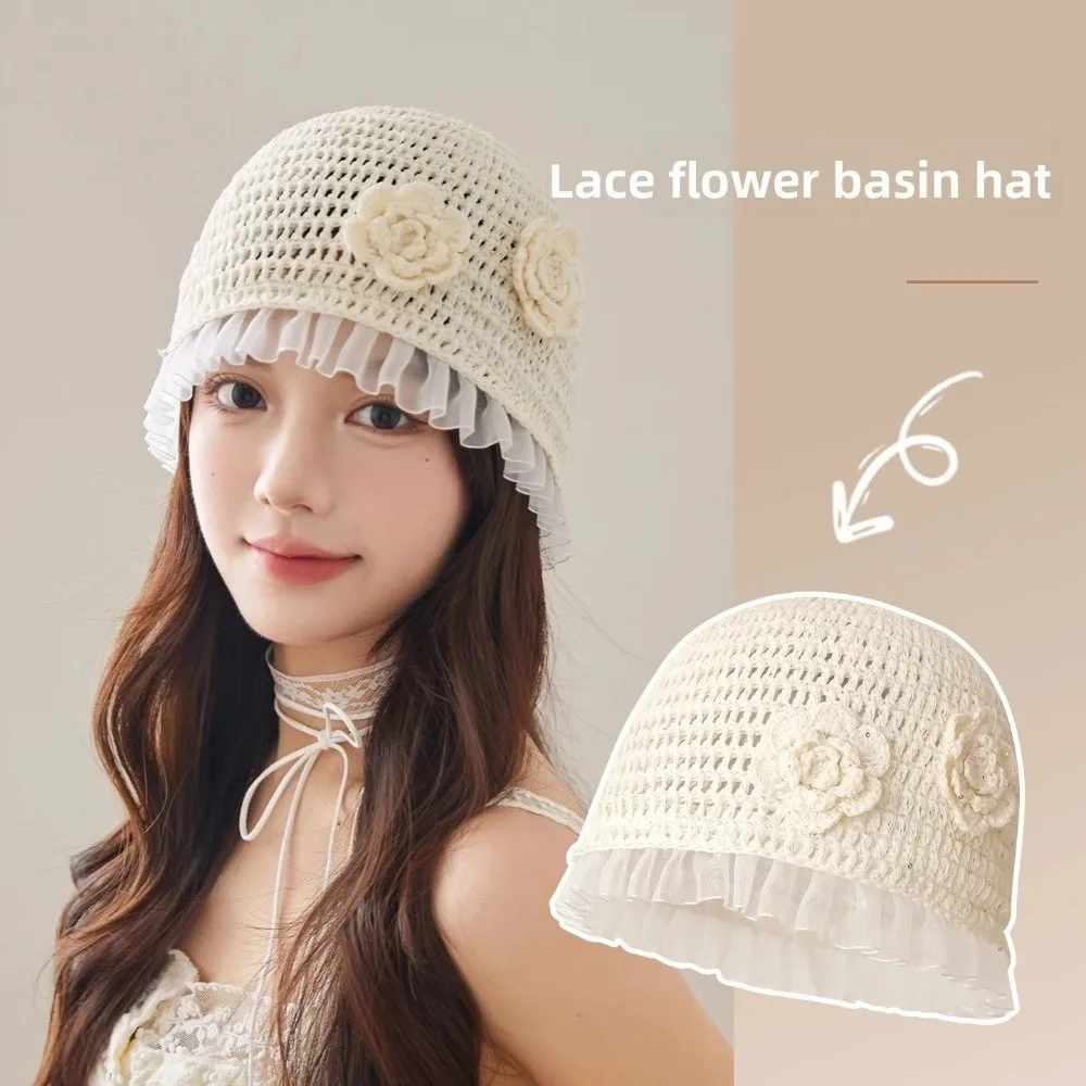 

Sweet Handmade Crochet Flower Hat Hollow Out Glitter Sequin Knitted Hat Korean Thin Weave Cap Apparel Accessories