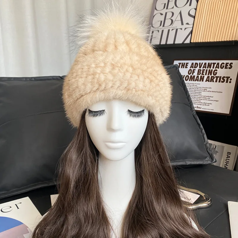Real Mink Fur Knitted Hat Women Winter Warm Genuine Fur Ear Protection Hat Fashion Beanies Cap With Fox Fur Pompom On The Top