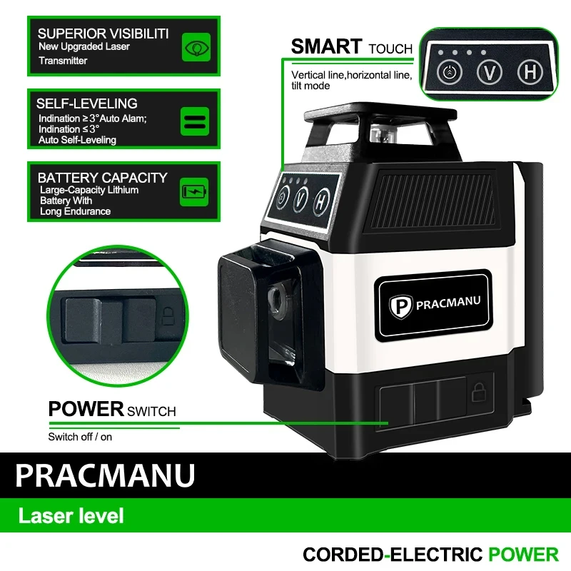 Pracmanu-Mini Nível Laser 3D, 12 Linhas, 360 Linha Transversal Auto-Nivelante, Horizontal e Vertical, Raio Verde Super Poderoso