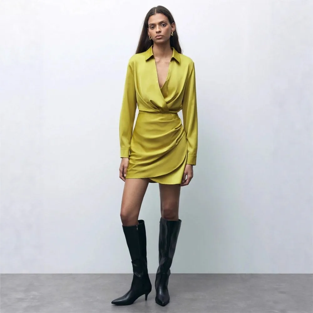 Spring Autumn New Satin Women's Long Sleeve Dress Fashion Pleated Elegant Female High Waist Dresses Short Skirt 2025