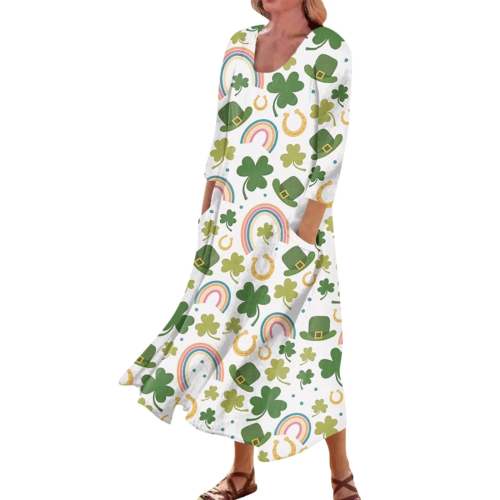 Happy St. Patricks Day Sweet Elegant Dress Women Sleeveless V Neck Dress Green Patrick Clovers Printed Dress With Pocket