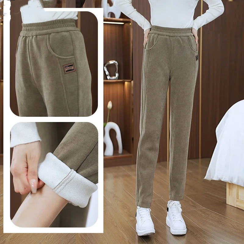 Autumn Winter High Waist Straight Leg Harem Pants Fleece Lined Casual Trousers Slimming Warm Long Loose Cuffed Pants