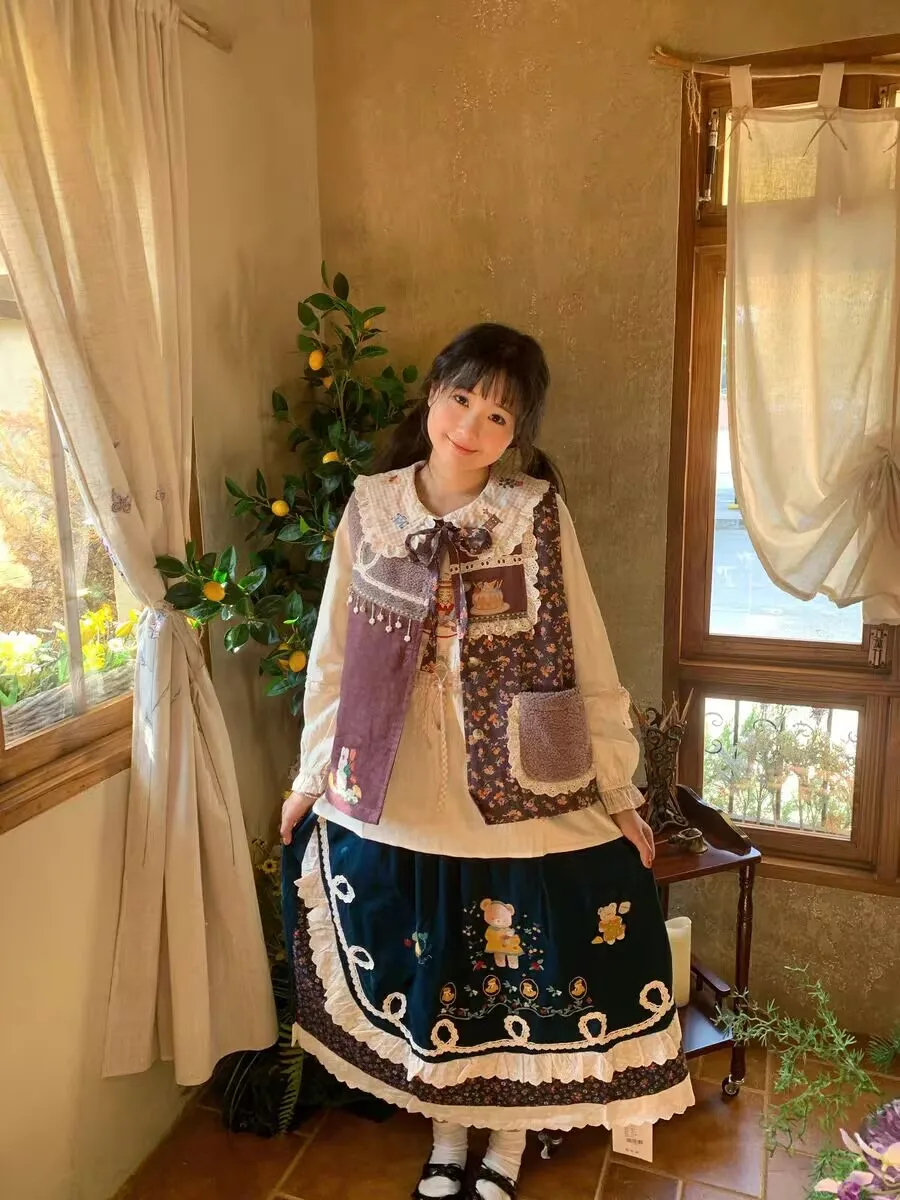 Winter Fleece Vintage Patchwork Cartoon Ruffled Lace Long Skirt Female Sweet Lolita Kawaii Retro Chic Korean Midi Skirt