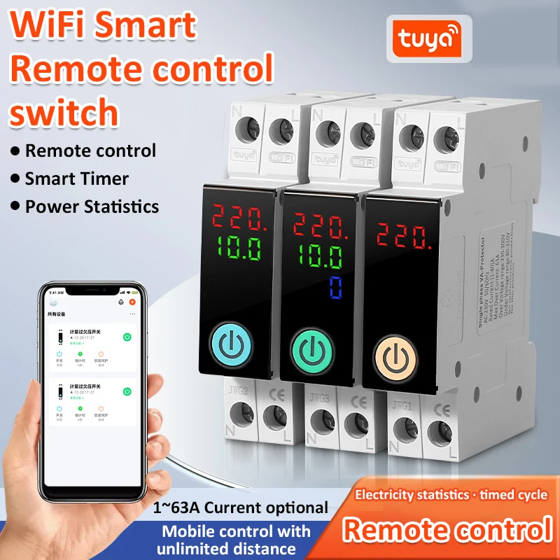 Tuya Wifi Smart Circuit Breaker Switch Kwh Metering Timer Overvoltage and Undervoltage Protector 1-63A Power-Off Timer Switch