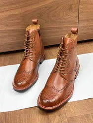 British Style Mens Brogue High Toe Shoes Vintage Genuine Leather Chelsea Boots Lace Up Autumn Winter Work Shoes Ankle Boots Men