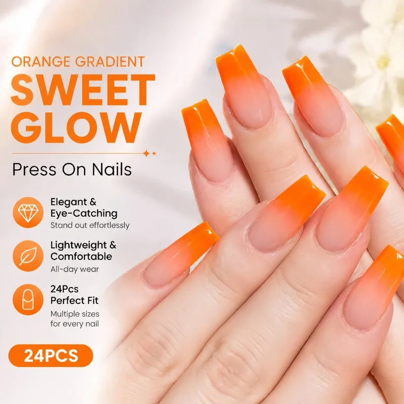 Faux Ongles à Presser Dégradé Orange, Style Manucure Agrumes Frais, Élégants et Éclaircissants pour la Peau, 24 Pièces, Tendances et Chics