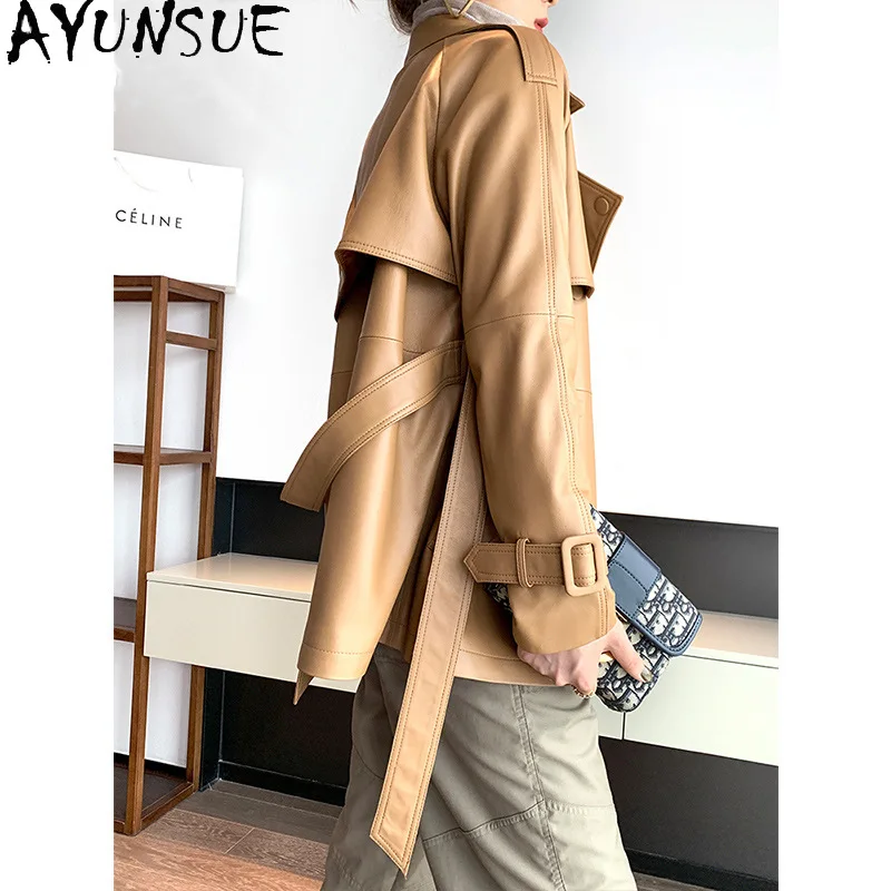 AYUNSUE سترة جلدية حقيقية النساء ملابس الخريف معاطف نسائية من جلد الغنم منتصف طول خندق حزام معطف مزاجه Jaqueta De Couro