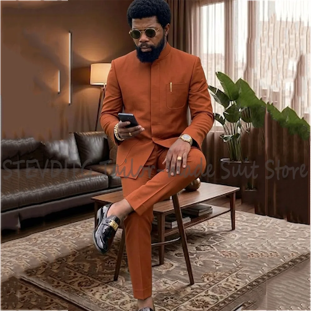 Vintage Stand Collar Men Two Piece Suit Slim Solid Color African Wedding Groom Business Dinner Party Formal Traje Hombre
