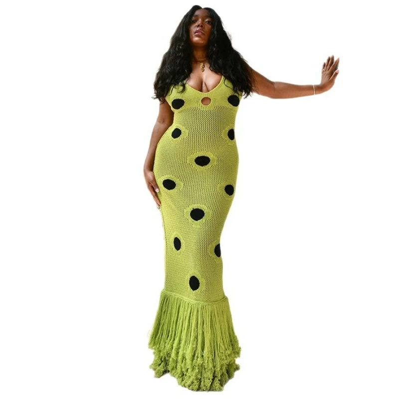 2025年ホットセール新作水玉フリンジヘムデザインロングサスペンダーニットワンピース（レディース）