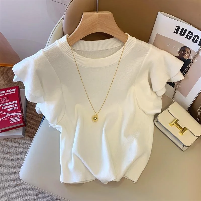 

Elegant Short Knitted Top Women's Summer New Gentle Sweet Spicy T-Shirt Korean Style round Neck Sleeveless Fashion Commute