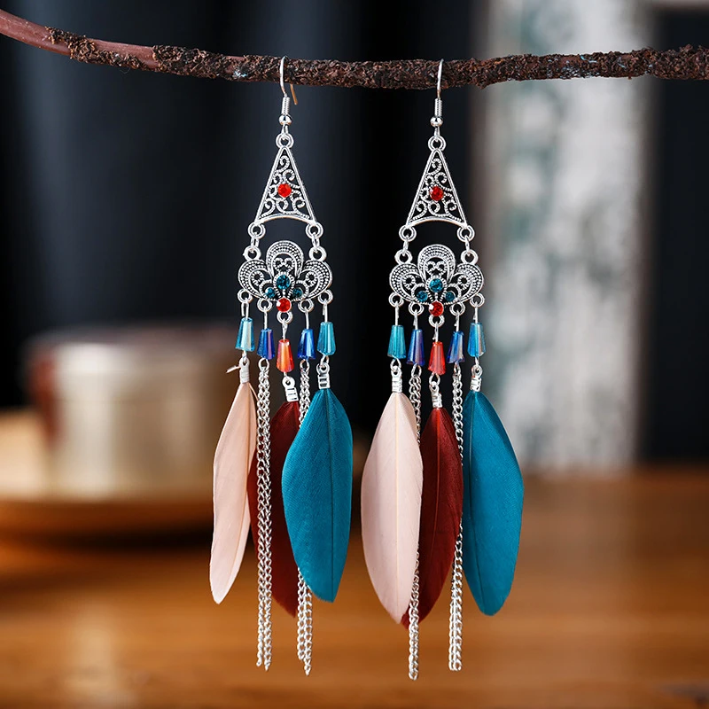 Bohemian Ethnic Long Feather Earrings For Women Retro Elegant Colorful Rhinestone Crystal Drop Earring Female Jewelry Pendientes