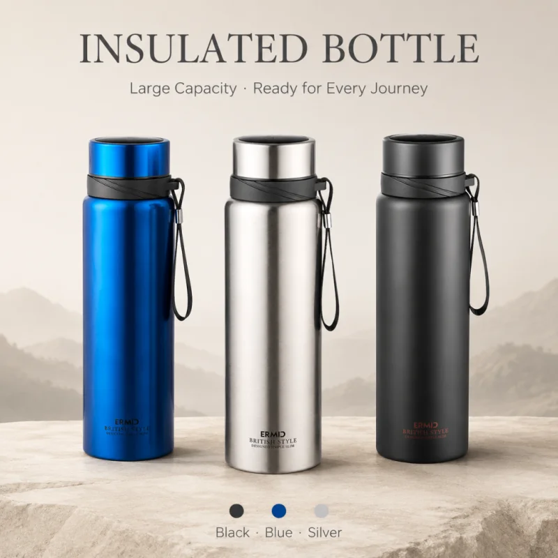 Stainless Steel Insulated Water Bottle Large Capacity Portable Travel Thermos Flask with Lanyard Outdoor Sports Thermal WaterCup