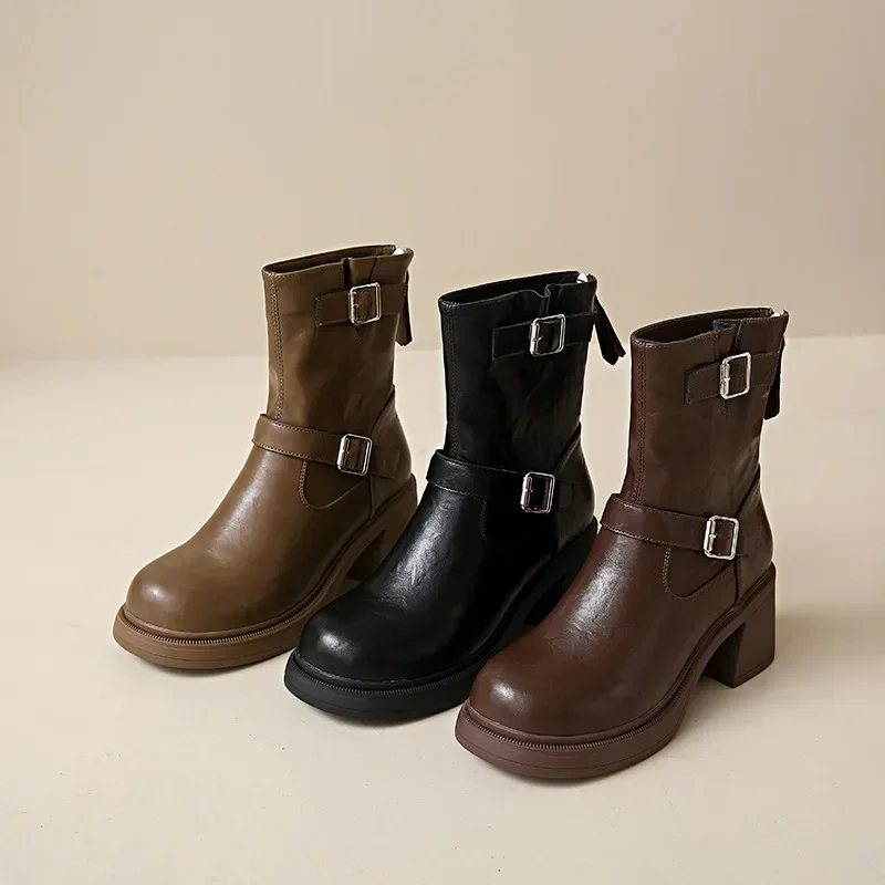 Thick Soled Western Boots for Women, 2024 Autumn and Winter New Short Boots, Sweet and Cool Motorcycle Retro Midsole Boots