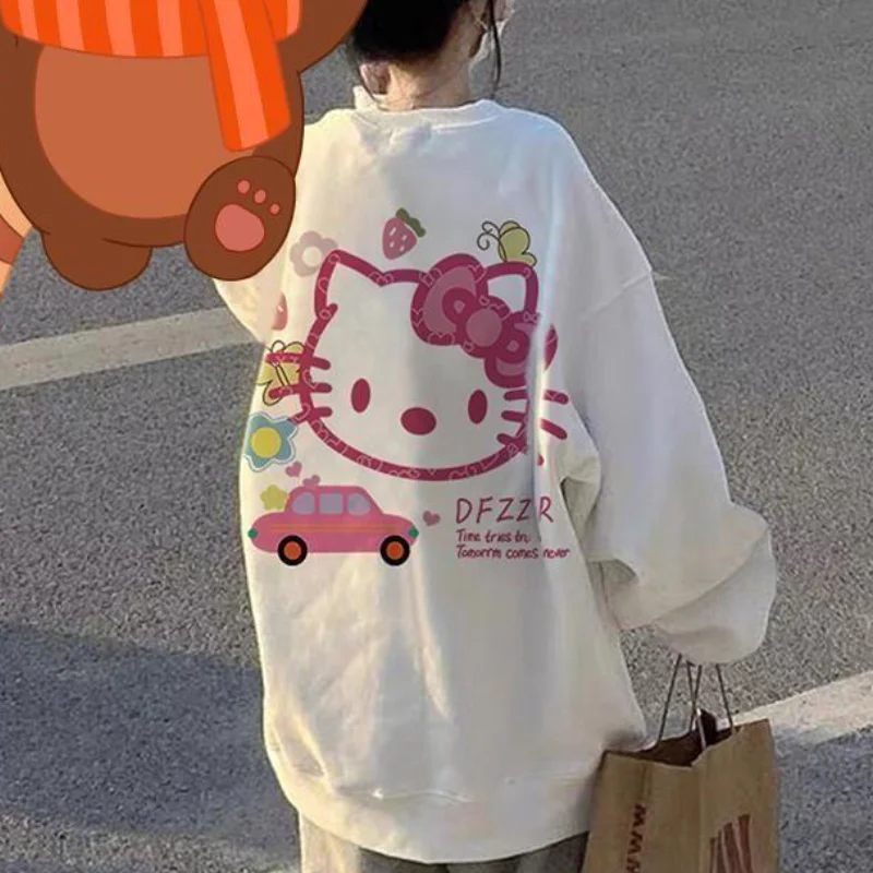

New Sanrio Hello Kitty Hoodie Thin Soft Fabric Women Autumn Winter Cute Print Korean Loose Fashionable Trendy Cartoon Cozy Tops