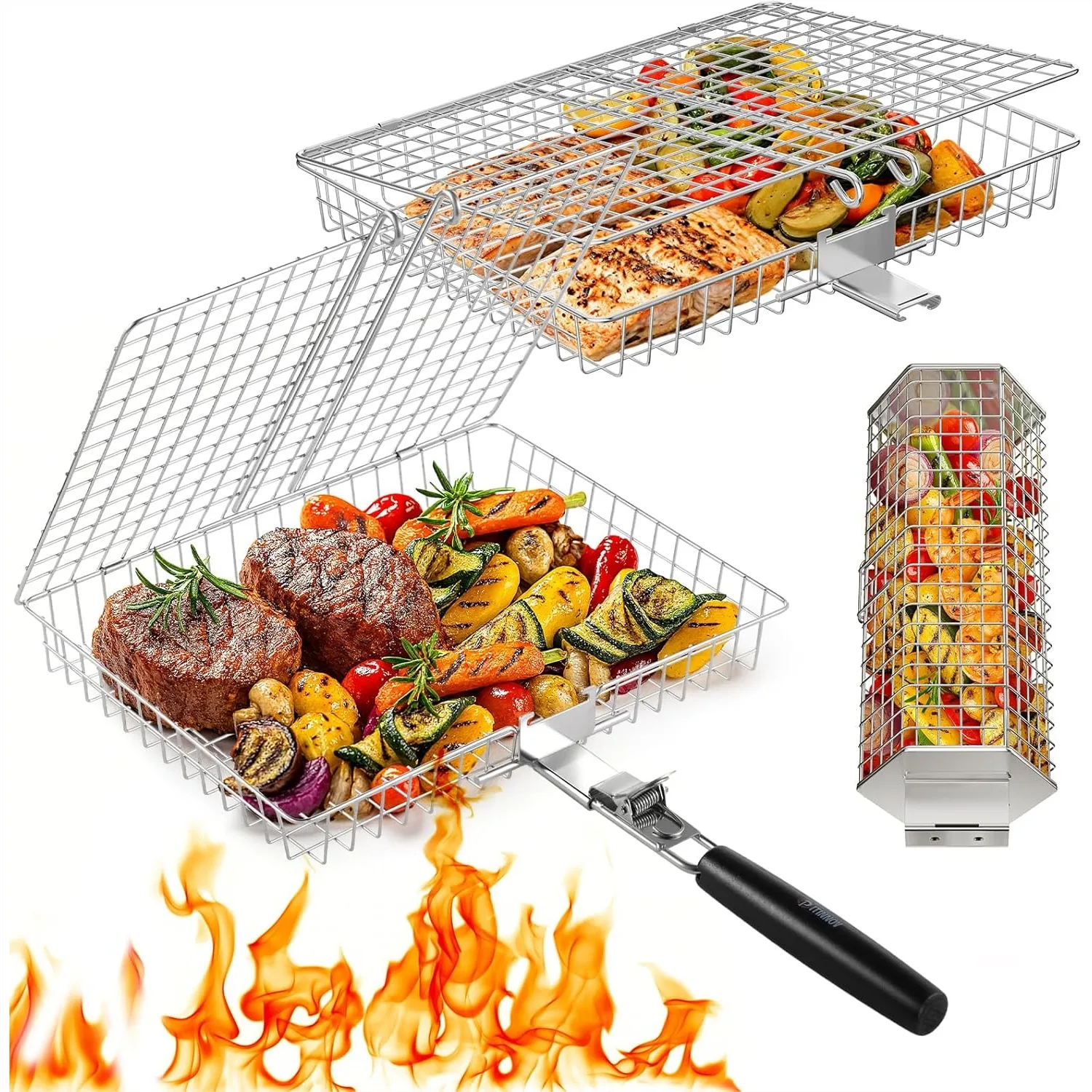 Cestas para asar al aire libre, 3 piezas de accesorios para barbacoa de acero inoxidable con mango extraíble para verduras, pescado, camarones, herramientas de cocina para acampar, regalos para hombres y papás