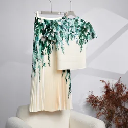 Runway 2 Pieces Outfits Women's Half High Collar Green leaves Print Stretch Pullover Tops＋A-Line Long Pleated Skirt Set N9128