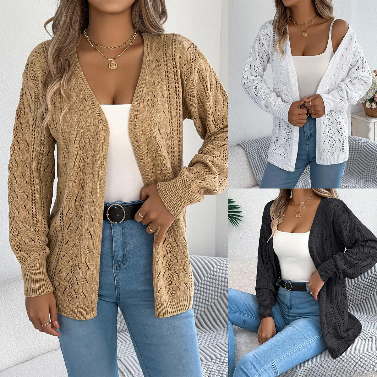 Casual scava fuori lanterna Sve lungo Sve cardigan maglione di media lunghezza Jaet donna transfrontaliera inizio autunno Faion