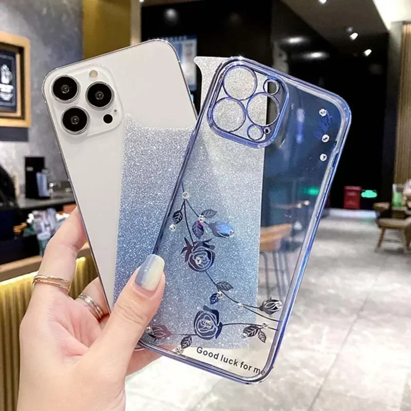 Luxury Diamond Shiny Crystal Glitter Plating Soft Case For Xiaomi 14 / Pro Ultra Thin Gradient Camera Protector Back Cover Shell