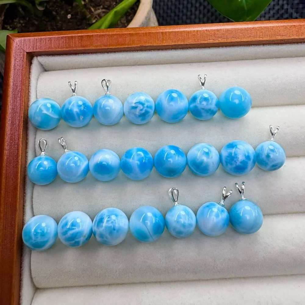 10.5mm S925 Natural Larimar Sphere Pendant Crystal Healing Reiki Polishing Mature Charm Jewelry Holiday Gift 1PCS