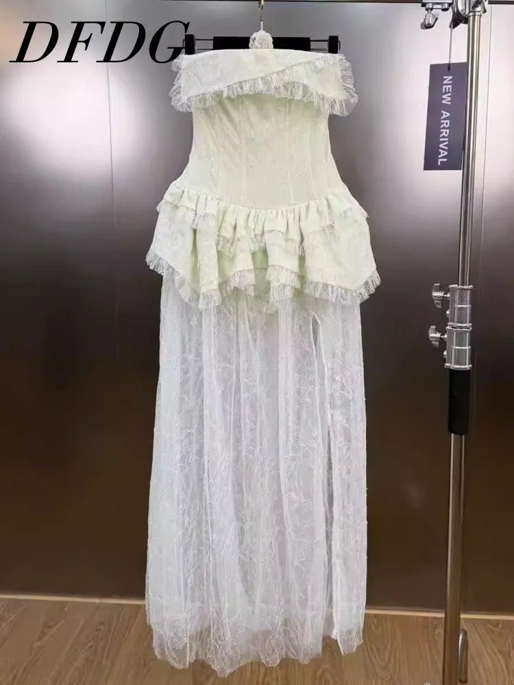 

DFDG Women's Spring Summer Light Green Strapless Ruffle Lace Maxi Dress Elegant Formal Party 2026 Trendy Feminine Fashion Dress